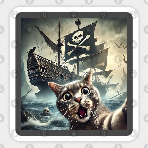 Surprised Cat Selfie with Ancient Pirate Ship funny photo Sticker by Luxinda